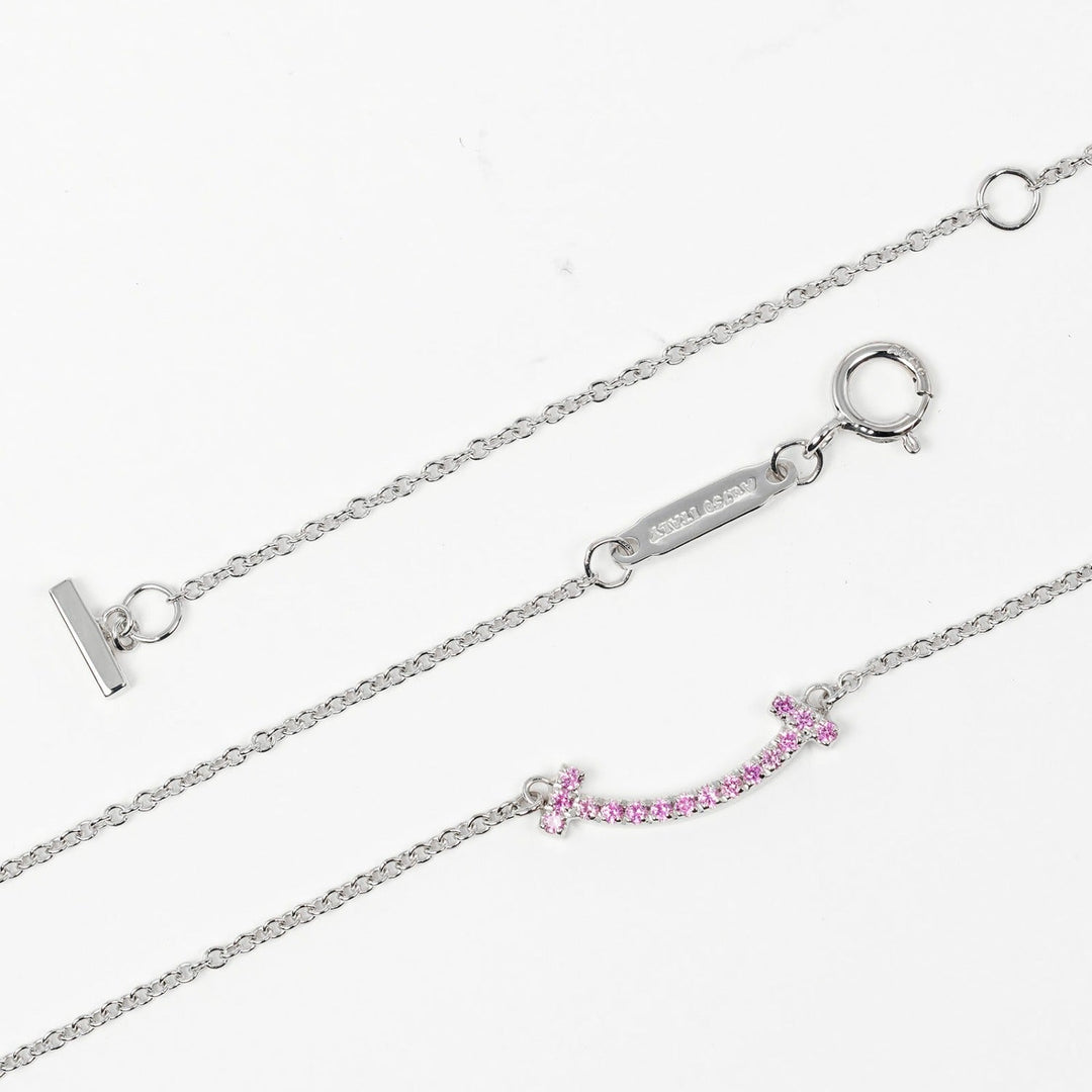TIFFANY&Co. Necklace K18 White Gold, Pink Sapphire pink T Smile Mini Women Used Authentic