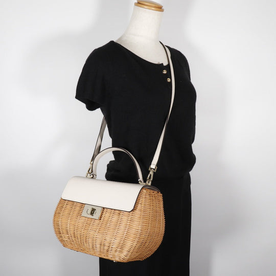 Kate Spade Handbag Wicker, Leather beige 2WAYShoulder Basket bag Women Used Authentic