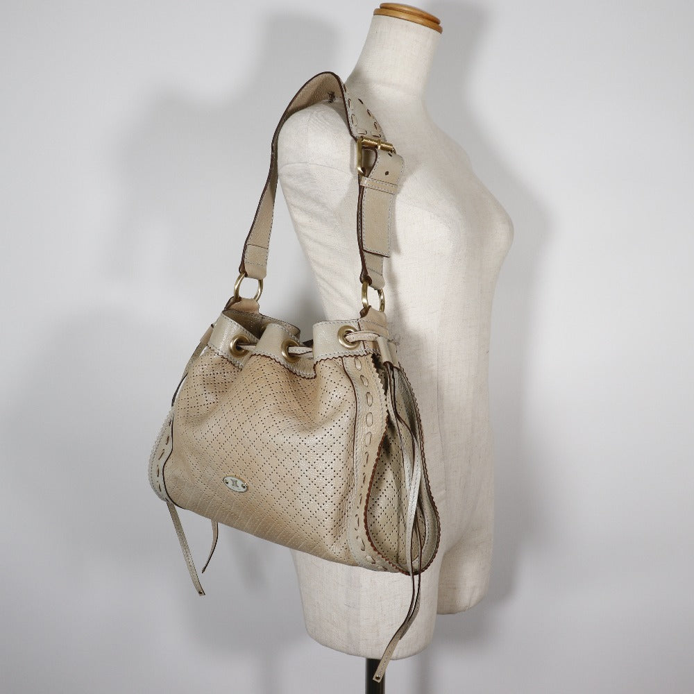 CELINE Shoulder Bag Calfskin beige punching purse Women Used Authentic