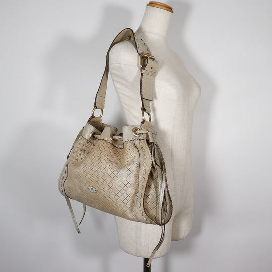 CELINE Shoulder Bag Calfskin beige punching purse Women Used Authentic