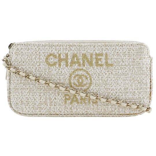 CHANEL Shoulder Bag A84415 tweed White 2-way clutch Deauville ChainShoulder Women Used Authentic