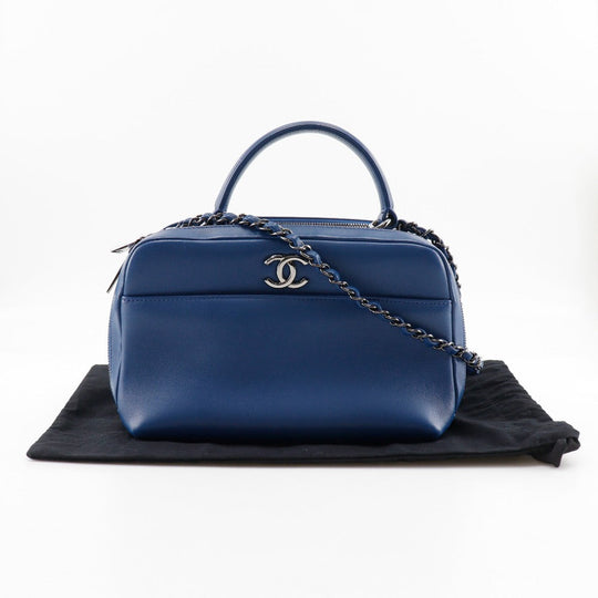 CHANEL Handbag Calfskin Blue 2WAYShoulder Trendy Bowling Bag Women Used Authentic