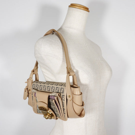 FENDI Shoulder Bag 8BR422 canvas beige one belt Zucchino Women Used Authentic