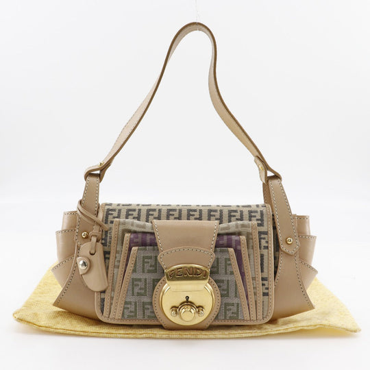 FENDI Shoulder Bag 8BR422 canvas beige one belt Zucchino Women Used Authentic