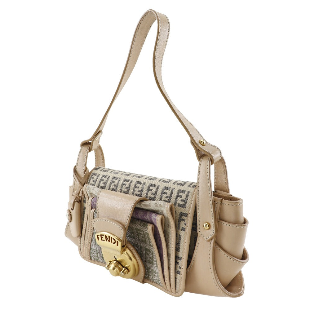 FENDI Shoulder Bag 8BR422 canvas beige one belt Zucchino Women Used Authentic