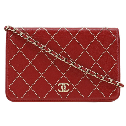 CHANEL Wallet Chain Calfskin Red ChainShoulder Matrasse Studs Women Used Authentic
