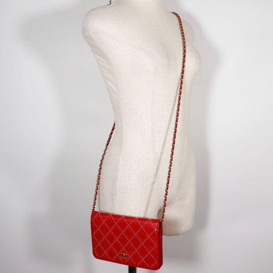 CHANEL Wallet Chain Calfskin Red ChainShoulder Matrasse Studs Women Used Authentic
