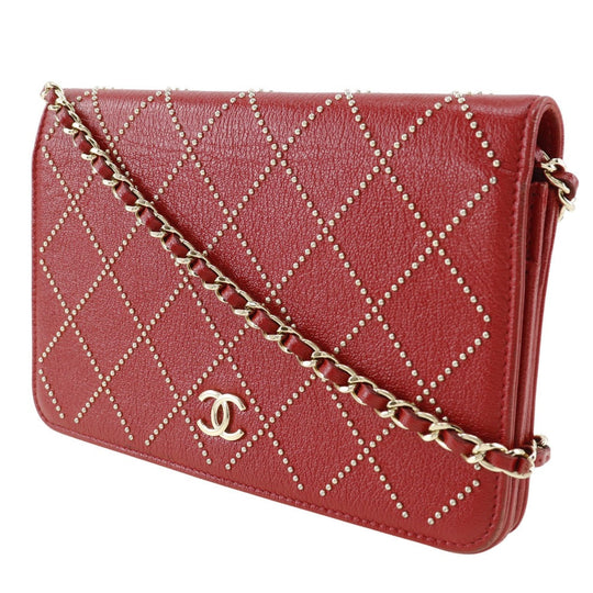 CHANEL Wallet Chain Calfskin Red ChainShoulder Matrasse Studs Women Used Authentic