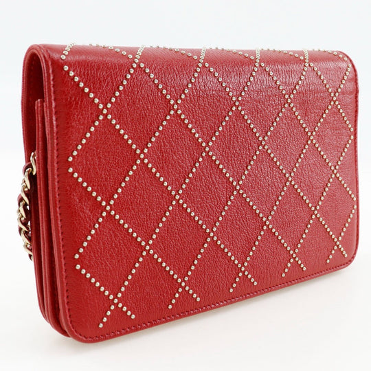 CHANEL Wallet Chain Calfskin Red ChainShoulder Matrasse Studs Women Used Authentic