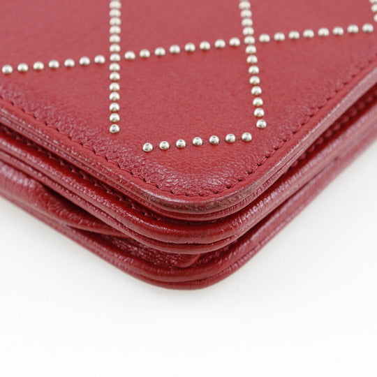 CHANEL Wallet Chain Calfskin Red ChainShoulder Matrasse Studs Women Used Authentic