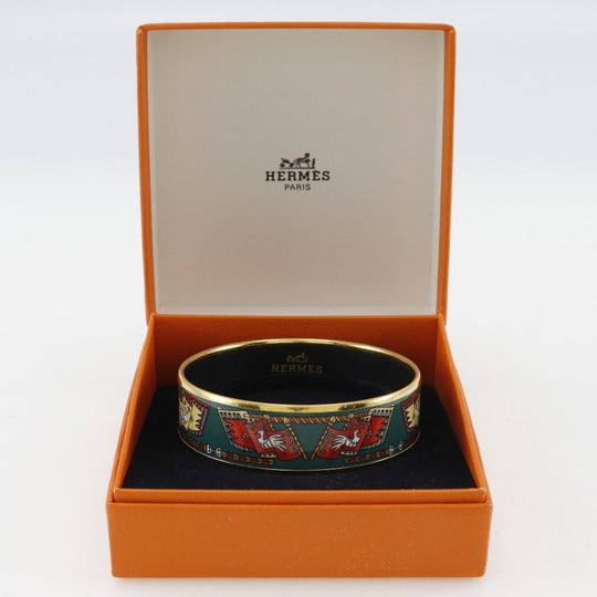 HERMES Bangle Plated Gold multicolor cloisonne Flag & Bird Emilel GM Women Used Authentic
