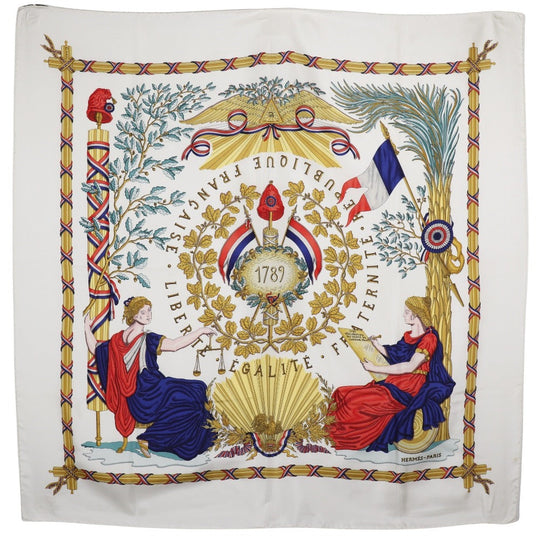 HERMES scarf silk White Commemorating the French Revolution LIBERTE EGALITE FRATERNITE REPUBL Carre90 Women Used Authentic
