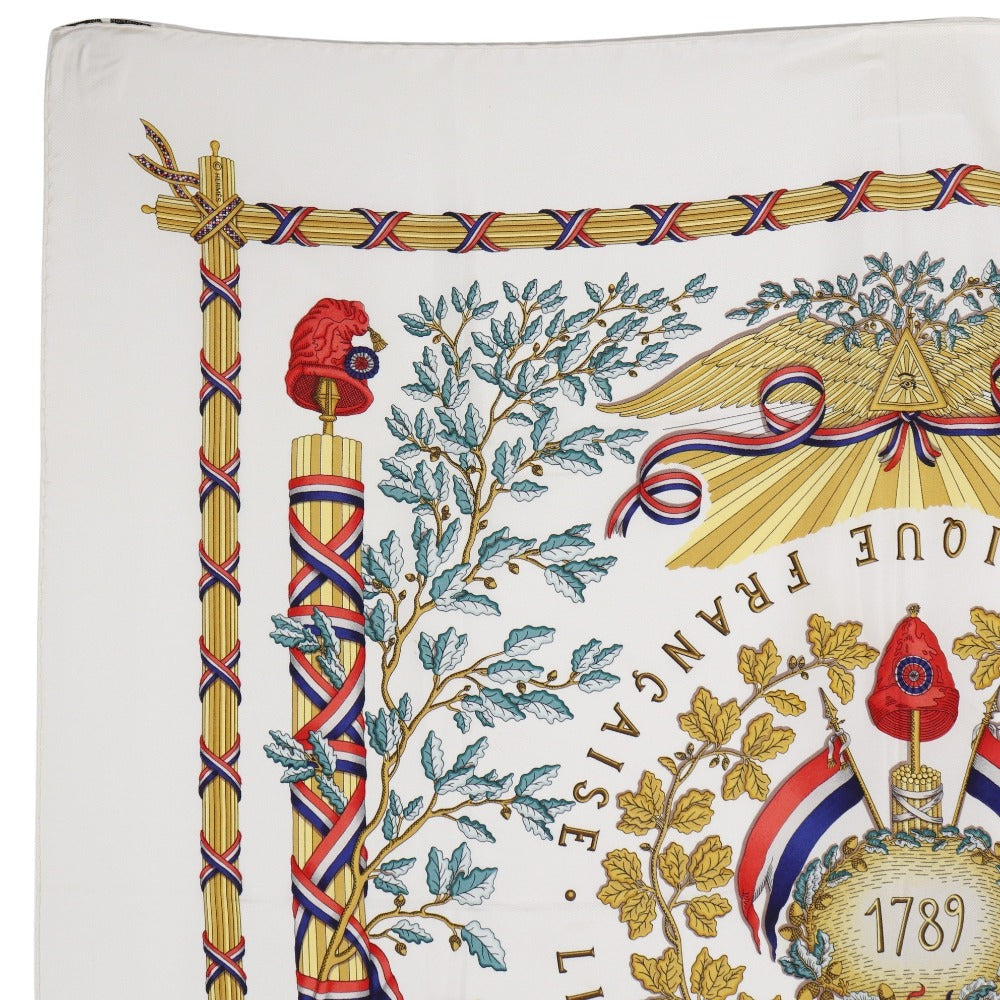 HERMES scarf silk White Commemorating the French Revolution LIBERTE EGALITE FRATERNITE REPUBL Carre90 Women Used Authentic