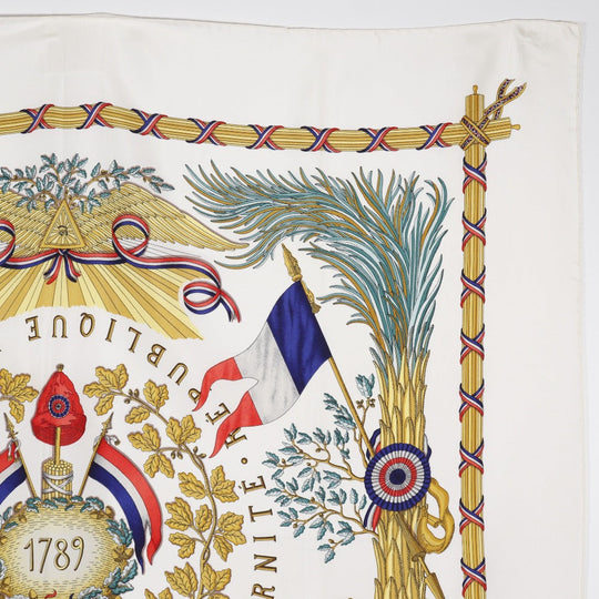 HERMES scarf silk White Commemorating the French Revolution LIBERTE EGALITE FRATERNITE REPUBL Carre90 Women Used Authentic