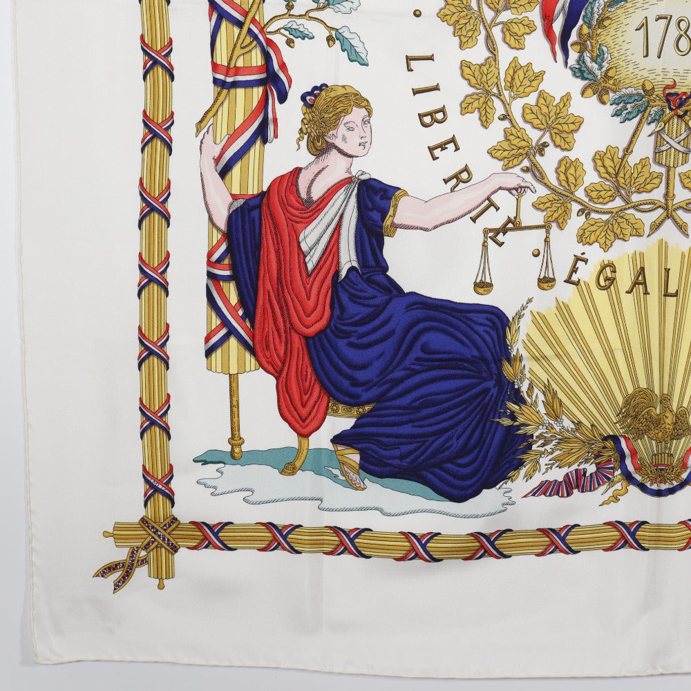 HERMES scarf silk White Commemorating the French Revolution LIBERTE EGALITE FRATERNITE REPUBL Carre90 Women Used Authentic