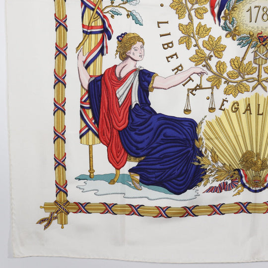 HERMES scarf silk White Commemorating the French Revolution LIBERTE EGALITE FRATERNITE REPUBL Carre90 Women Used Authentic