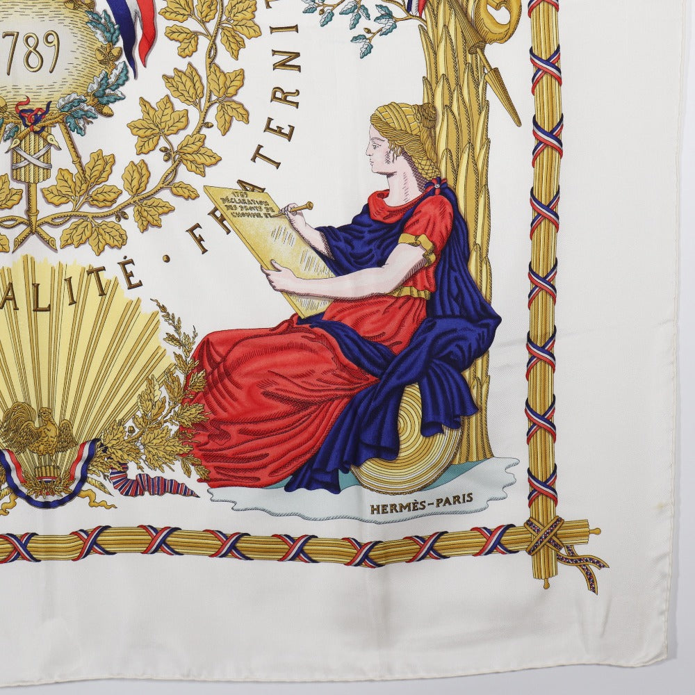 HERMES scarf silk White Commemorating the French Revolution LIBERTE EGALITE FRATERNITE REPUBL Carre90 Women Used Authentic