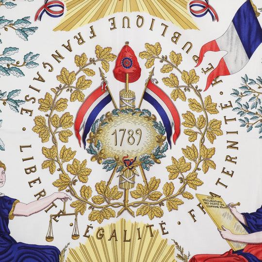 HERMES scarf silk White Commemorating the French Revolution LIBERTE EGALITE FRATERNITE REPUBL Carre90 Women Used Authentic