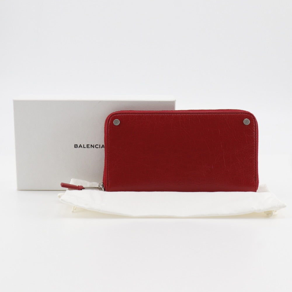 BALENCIAGA Long Wallet Purse 541996 Calfskin Red Zip Around Women Used Authentic