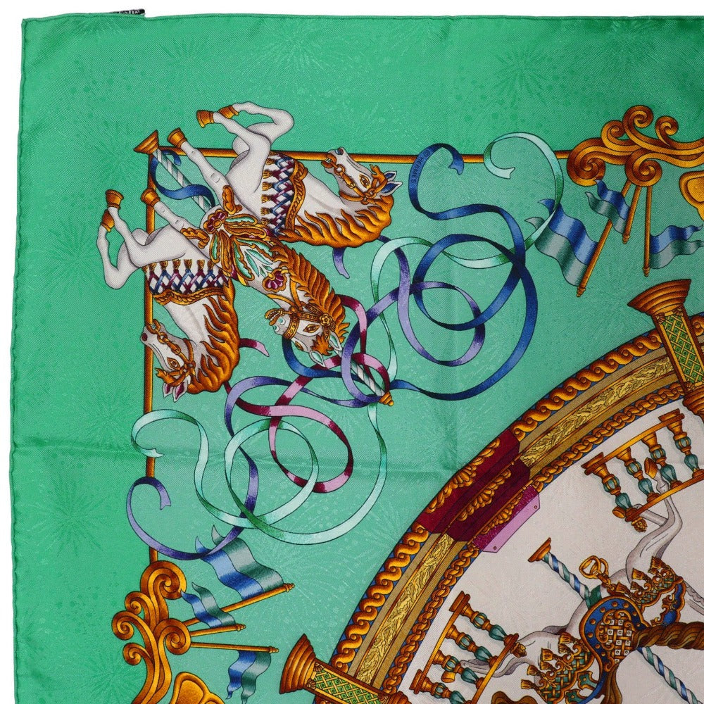 HERMES scarf silk Green Merry-go-round LUNA PARK amusement park Carre90 Women Used Authentic