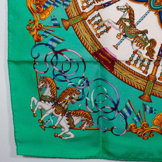 HERMES scarf silk Green Merry-go-round LUNA PARK amusement park Carre90 Women Used Authentic