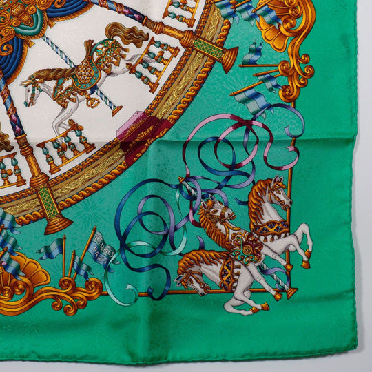 HERMES scarf silk Green Merry-go-round LUNA PARK amusement park Carre90 Women Used Authentic