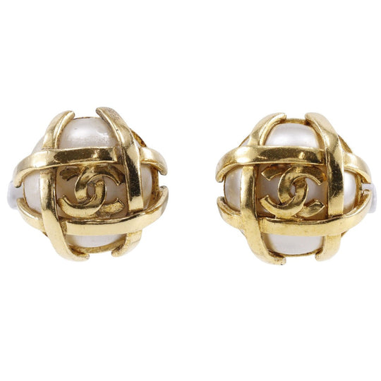 CHANEL Earring Plated Gold, Faux Pearl gold vintage COCO Mark Women Used Authentic