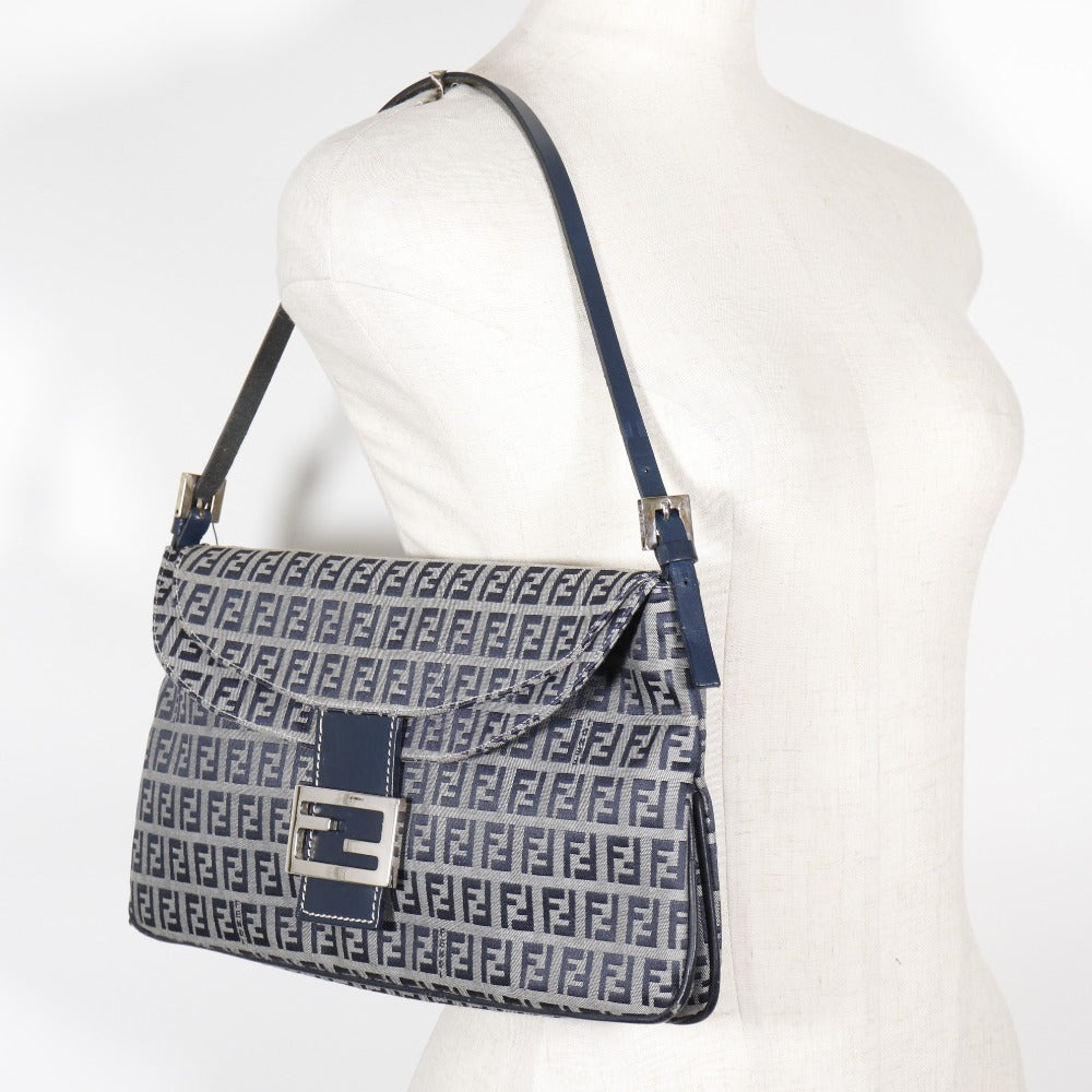 FENDI Shoulder Bag canvas Navy / Gray one belt Zucchino Women Used Authentic