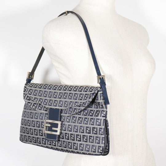 FENDI Shoulder Bag canvas Navy / Gray one belt Zucchino Women Used Authentic