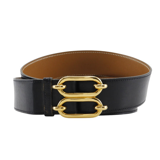 HERMES belt Plated Gold , Calfskin black reversible vintage Chene Dunkle mens 85 Used Authentic