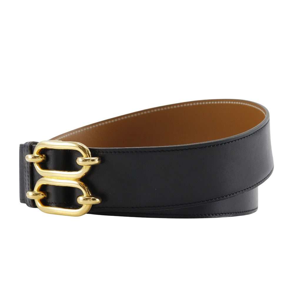 HERMES belt Plated Gold , Calfskin black reversible vintage Chene Dunkle mens 85 Used Authentic