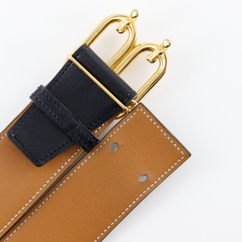 HERMES belt Plated Gold , Calfskin black reversible vintage Chene Dunkle mens 85 Used Authentic
