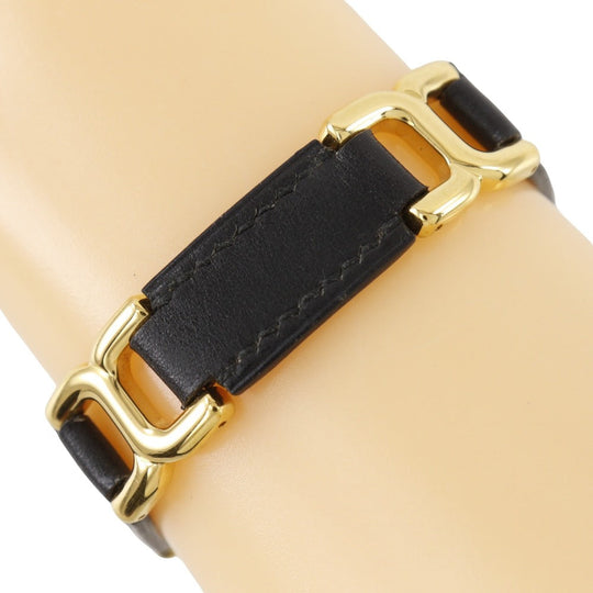 HERMES bracelet Calfskin , Plated Gold black vintage H logo Women Used Authentic