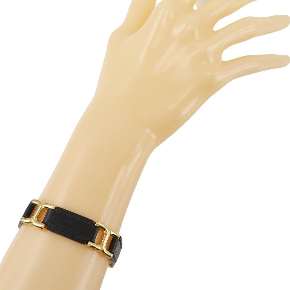 HERMES bracelet Calfskin , Plated Gold black vintage H logo Women Used Authentic