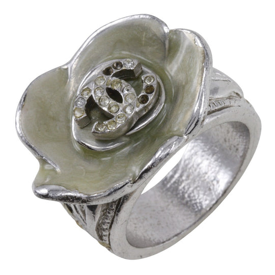 CHANEL Ring Metal, Rhinestone Silver Camelia COCO Mark Women Used Authentic