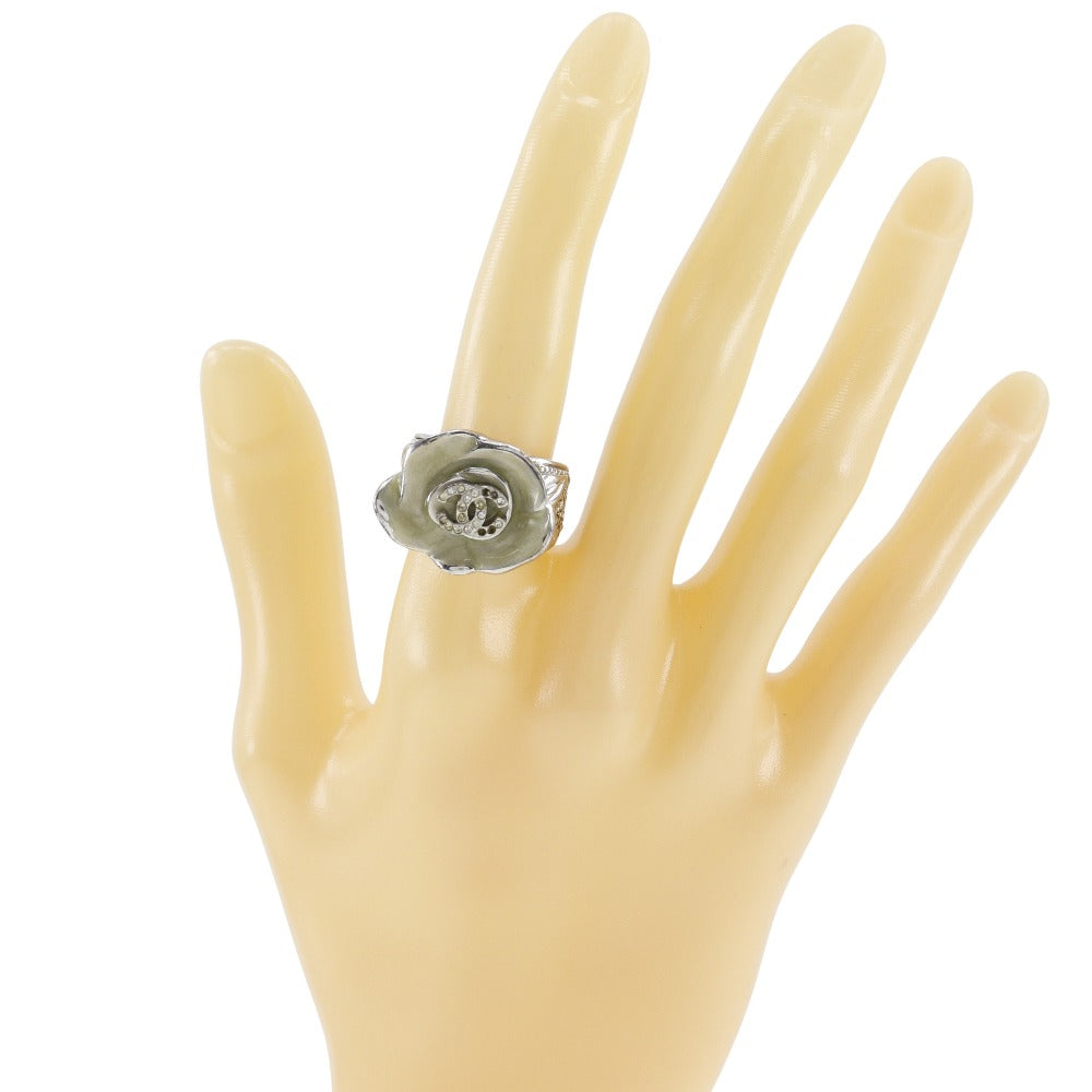 CHANEL Ring Metal, Rhinestone Silver Camelia COCO Mark Women Used Authentic