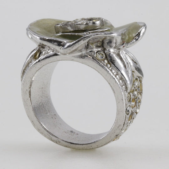 CHANEL Ring Metal, Rhinestone Silver Camelia COCO Mark Women Used Authentic