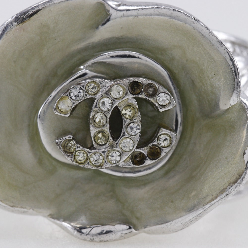 CHANEL Ring Metal, Rhinestone Silver Camelia COCO Mark Women Used Authentic