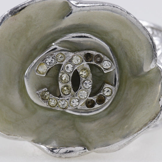 CHANEL Ring Metal, Rhinestone Silver Camelia COCO Mark Women Used Authentic