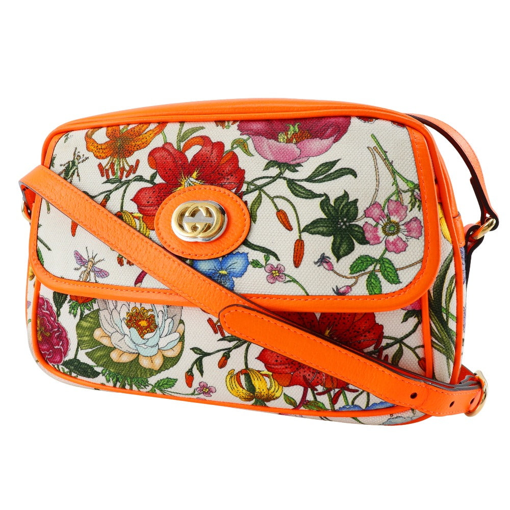 GUCCI Shoulder Bag 550147 Canvas, Leather Orange Floral GG Flora Women Used Authentic