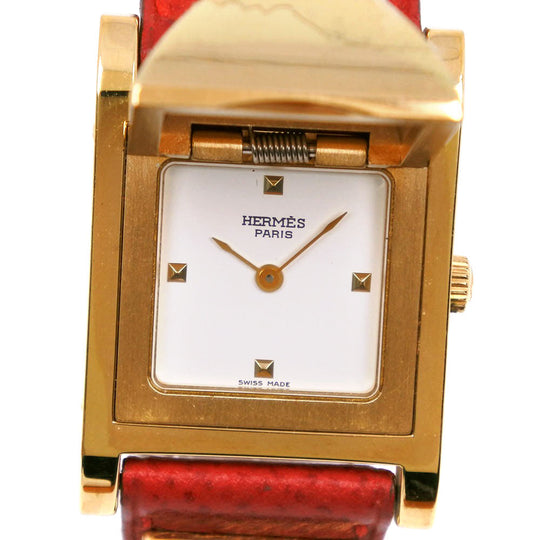 HERMES Watches Quartz Plated Gold , Leather Red/gold Medor White dial Women Used Authentic