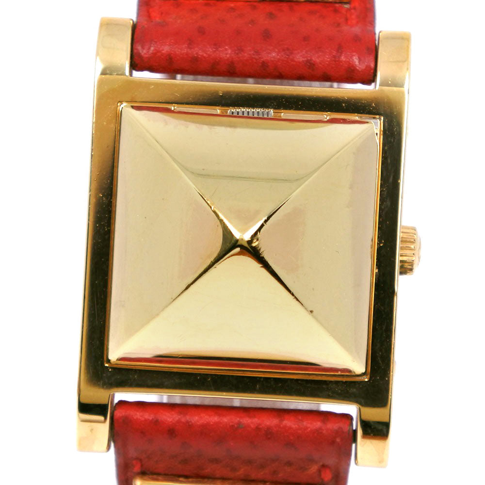 HERMES Watches Quartz Plated Gold , Leather Red/gold Medor White dial Women Used Authentic