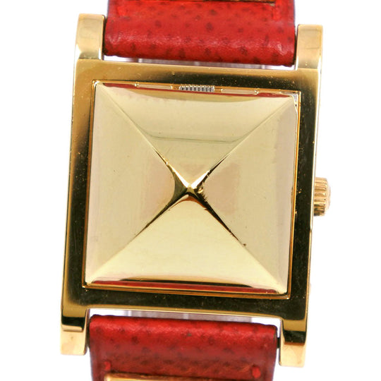 HERMES Watches Quartz Plated Gold , Leather Red/gold Medor White dial Women Used Authentic