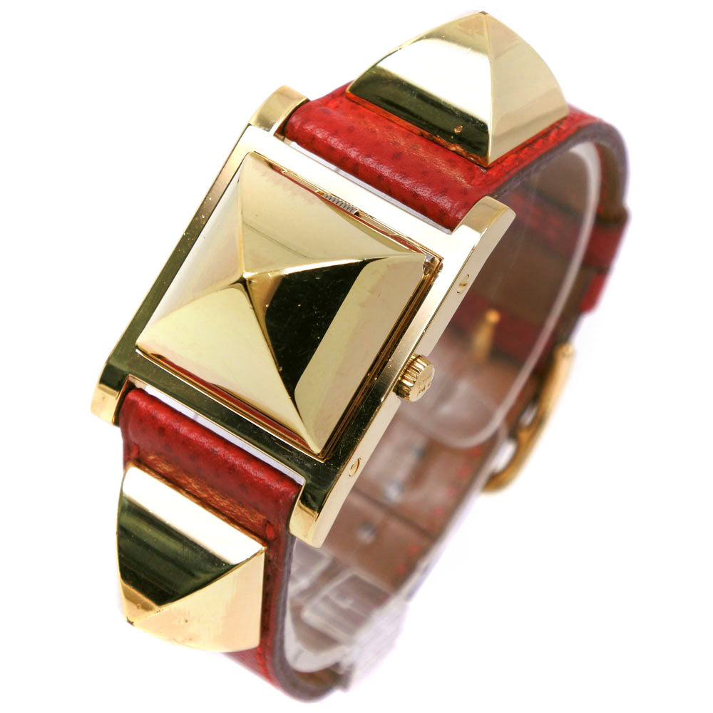 HERMES Watches Quartz Plated Gold , Leather Red/gold Medor White dial Women Used Authentic