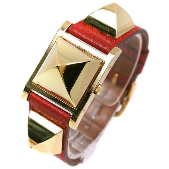 HERMES Watches Quartz Plated Gold , Leather Red/gold Medor White dial Women Used Authentic