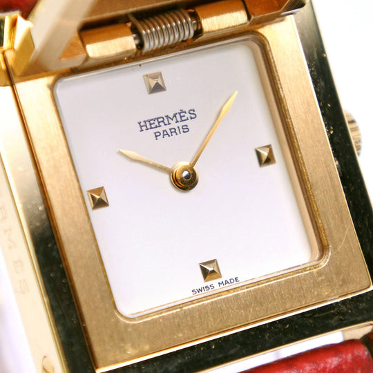 HERMES Watches Quartz Plated Gold , Leather Red/gold Medor White dial Women Used Authentic