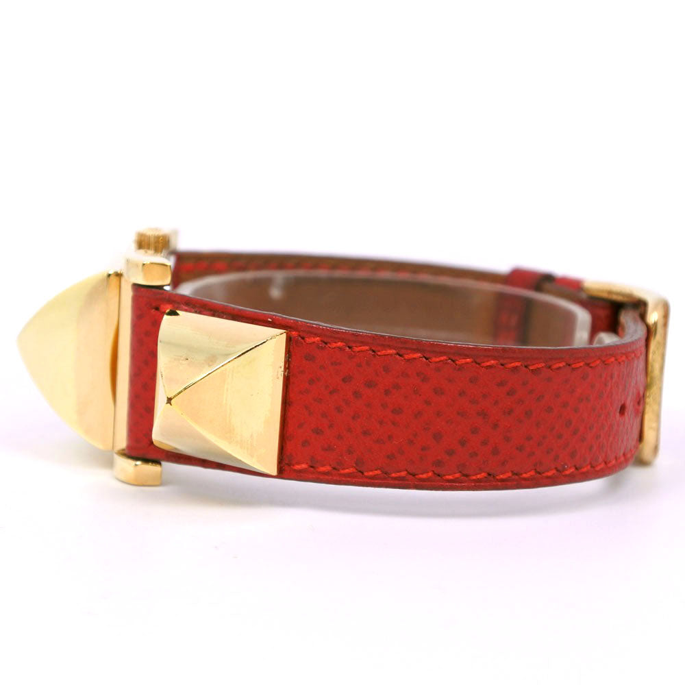 HERMES Watches Quartz Plated Gold , Leather Red/gold Medor White dial Women Used Authentic