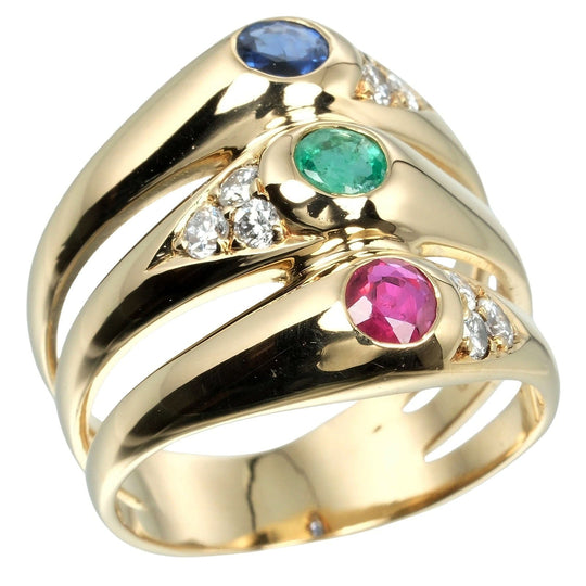Chaumet Ring 18K Yellow Gold, Diamond, Sapphire, Emerald, Ruby Silver Vintage multi-stone Women Used Authentic