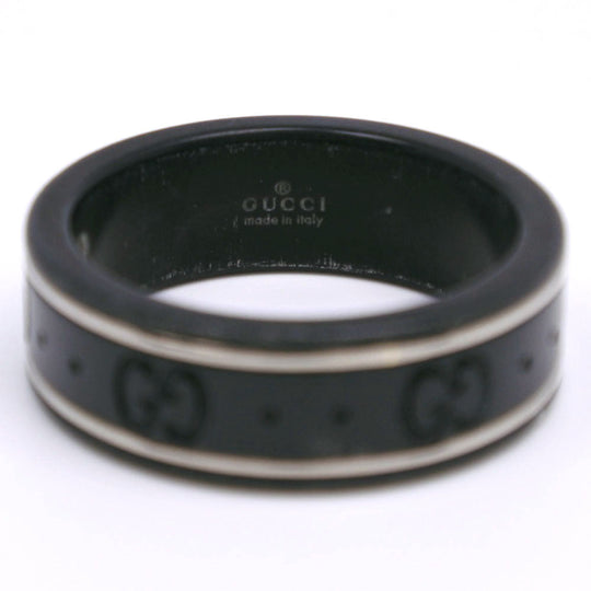 GUCCI Ring K18 White Gold, Corundum black icon GG thin band mens Used Authentic