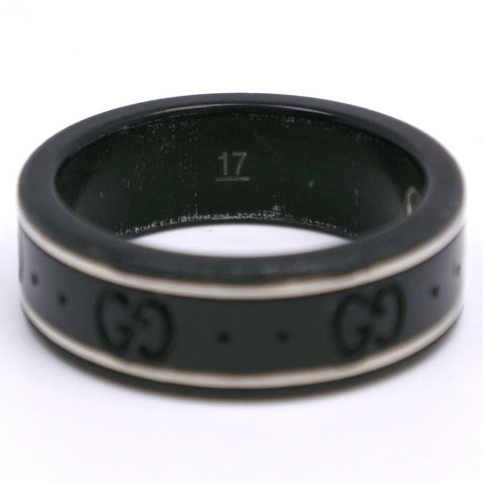 GUCCI Ring K18 White Gold, Corundum black icon GG thin band mens Used Authentic